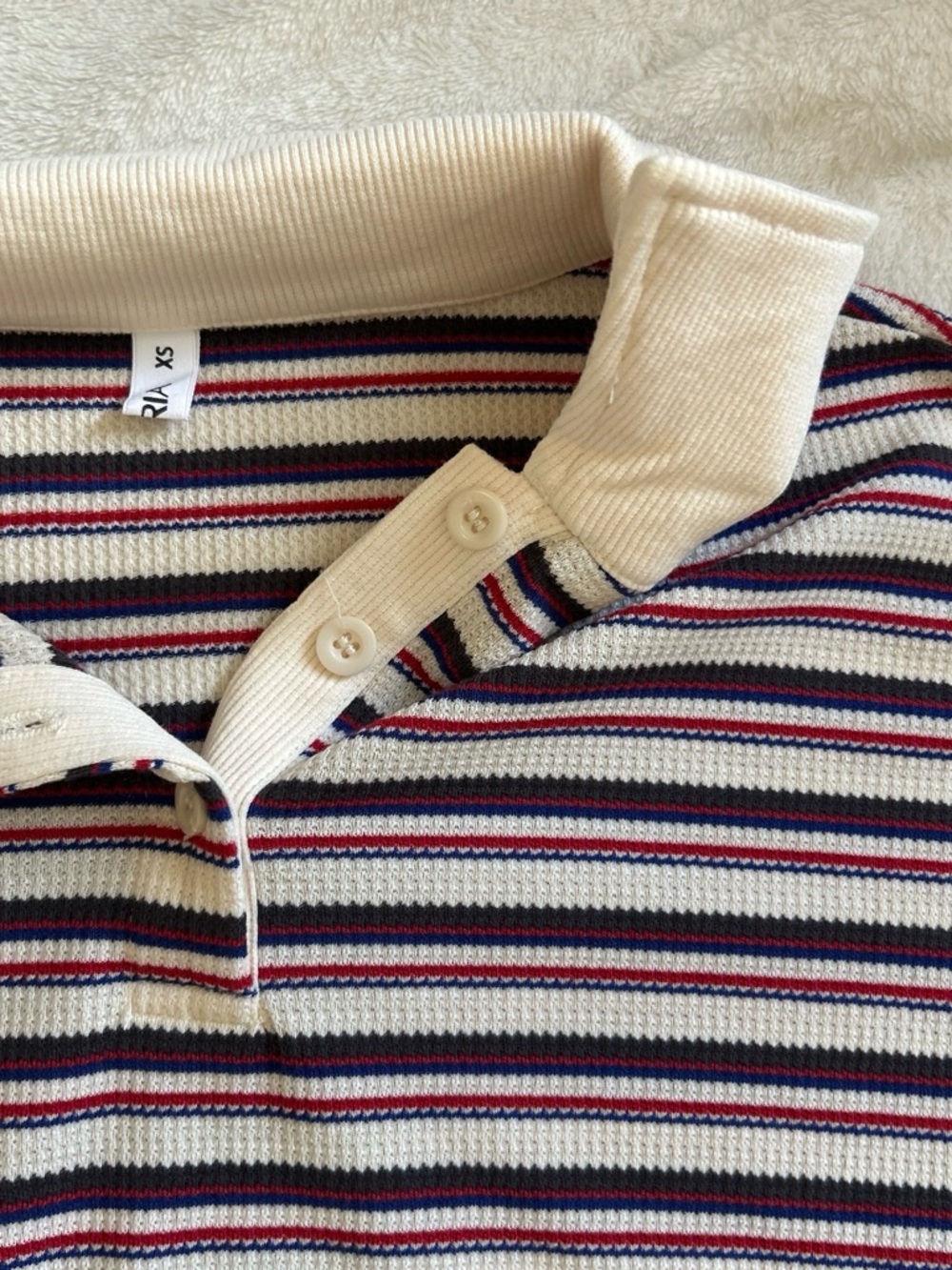 Striped Long Sleeve Polo Top in Cream and Burgundy - Picture 3 of 3